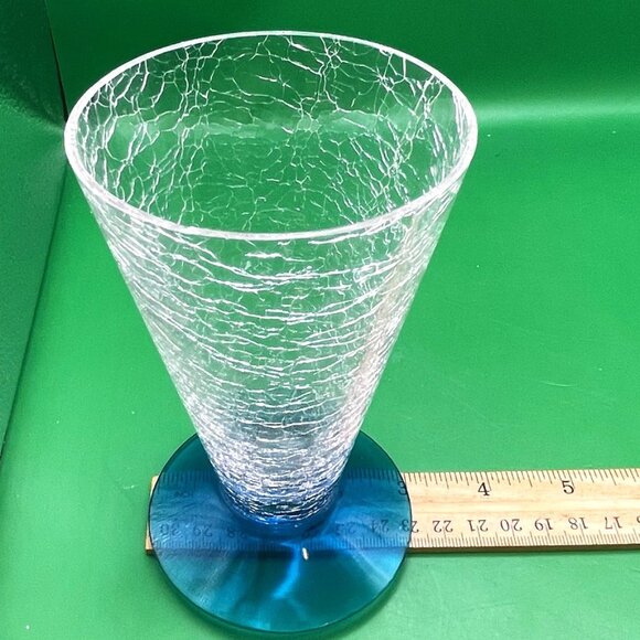 Mid Century Barware Drinking Glasses Crackle Glass Cone Shape Blue Base Set of 2 - Picture 4 of 13
